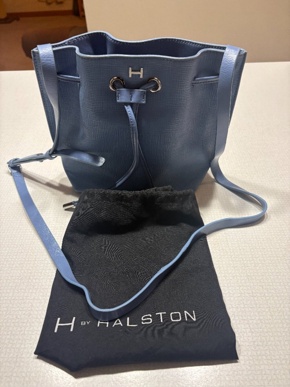 H by Halston Beautiful Blue Leather Bucket Bag w/Crossbody strap
